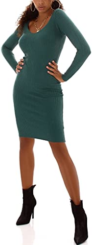 Jela London Damen Strickkleid Pulloverkleid Stretch Feinripp V-Ausschnitt Midikleid, Petrol-Blau von Jela London