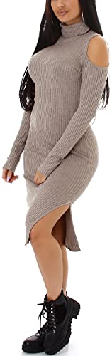 Jela London Damen Strickkleid Rollkragen Cutout Beinschlitz Knielang Midi-Länge Rippoptik, Braun 36 38 40 von Jela London