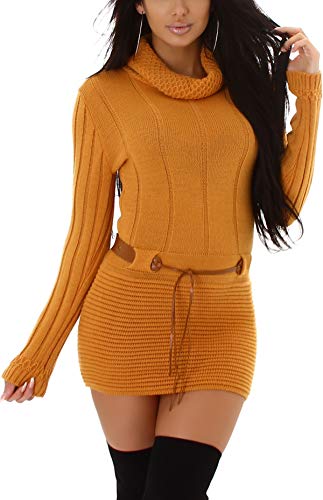 Jela London Damen Rollkragen Strickkleid Longpullover Grobstrick Streifen Stretch Gürtel, Ocker Gelb 36-40 von Jela London