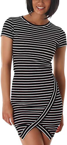 Jela London Damen Strickkleid Stretch Slim Kurzarm Streifen Reißverschluss Wickeloptik Schwarz 38 40 von Jela London