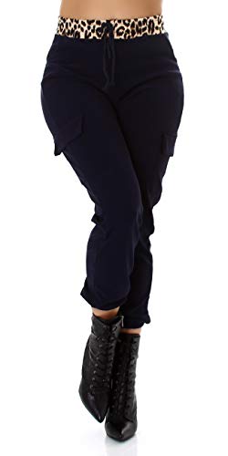 Jela London Damen Sweatpants Jogginghose Cargohose Freizeithose Leopard Hoher Bund, Blau 40-42 von Jela London