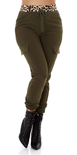 Jela London Damen Sweatpants Jogginghose Cargohose Freizeithose Leopard Hoher Bund, Grün 40-42 von Jela London