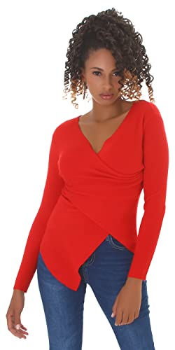 Jela London Damen Sweatshirt Wickeloptik V-Ausschnitt Zipfel Stretch, Rot 34-36 (M/L) von Jela London