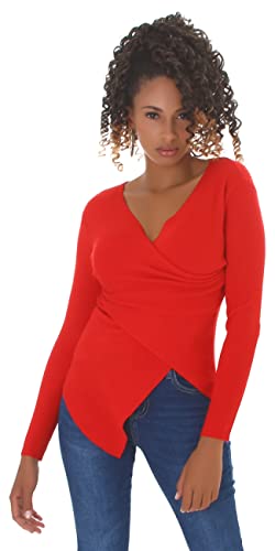 Jela London Damen Sweatshirt Wickeloptik V-Ausschnitt Zipfel Stretch, Rot 38-40 (XL/XXL) von Jela London