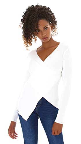 Jela London Damen Sweatshirt Wickeloptik V-Ausschnitt Zipfel Stretch, Weiß 38-40 (XL/XXL) von Jela London