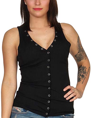 Jela London Damen Tank-Top V-Ausschnitt Deko Knopfleiste RIPP-Optik Stretch Sommer, Schwarz 40 (L) von Jela London