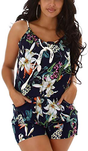 Jela London Damen Träger Overall Onesie Einteiler Sommer Shorts V-Ausschnitt, Blume Blau, 36-38 (ML) von Jela London
