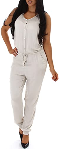 Jela London Damen Träger-Overall V-Ausschnitt Satinglanz Onesie Jumpsuit Knofpleiste, Beige von Jela London