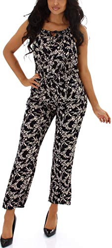 Jela London Damen Träger Overall lang Onesie Einteiler Sommer V-Ausschnitt, Blümchen lang Schwarz, 36-38 (ML) von Jela London