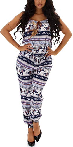 Jela London Damen Träger Overall lang Onesie Einteiler Sommer V-Ausschnitt, Elefant lang Blau, 40-42 (XLXXL) von Jela London