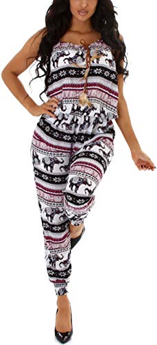 Jela London Damen Träger Overall lang Onesie Einteiler Sommer V-Ausschnitt, Elefant lang Bordeaux, 36-38 (ML) von Jela London