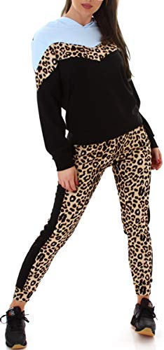 Jela London Damen Trainingsanzug Jogginganzug High-Waist Jogginghose Hausanzug Kapuzenpullover, Leoparden-Streifen Hellblau 38-40 (L/XL) von Jela London