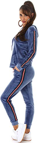 Jela London Damen Trainingsanzug Jogginganzug Stretch Hausanzug Kapuzen-Pullover, Nicki Velour Streifen, Blau 38-40 (L/XL) von Jela London