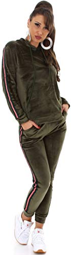 Jela London Damen Trainingsanzug Jogginganzug Stretch Hausanzug Kapuzen-Pullover, Nicki Velour Streifen, Grün 34-36 (S/M) von Jela London