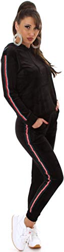 Jela London Damen Trainingsanzug Jogginganzug Stretch Hausanzug Kapuzen-Pullover, Nicki Velour Streifen, Schwarz 38-40 (L/XL) von Jela London