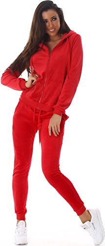 Jela London Damen Nicki Hausanzug Jogginganzug Velour Samt Jogging Freizeit Hose Kapuzen Jacke, Rot, 34-36 (S) von Jela London