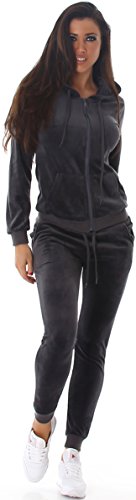 Jela London Damen Nicki Hausanzug Jogginganzug Velour Samt Jogging Freizeit Hose Kapuzen Jacke, Dunkelgrau, 38-40 (L) von Jela London