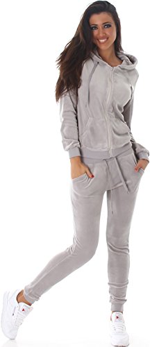 Jela London Damen Nicki Hausanzug Jogginganzug Velour Samt Jogging Freizeit Hose Kapuzen Jacke, Grau, 38-40 (L) von Jela London