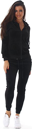 Jela London Damen Nicki Hausanzug Jogginganzug Velour Samt Jogging Freizeit Hose Kapuzen Jacke, Schwarz, 38-40 (L) von Jela London