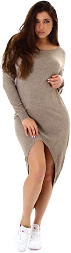 Jela London Damen Weicher Vokuhila-Pullover lang Pulloverkleid Stretch Rundhals weich vorne kurz hinten lang, Einheitsgröße 34 36 38, Beige von Jela London