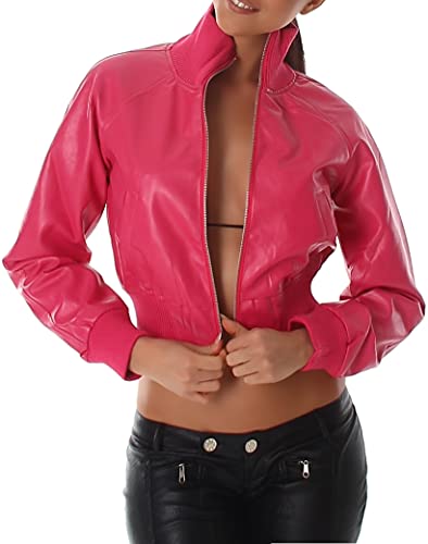 Jela London Damen Wetlook Jacke bauchfrei kurz Glitzer Kragen, Pink 34 von Jela London