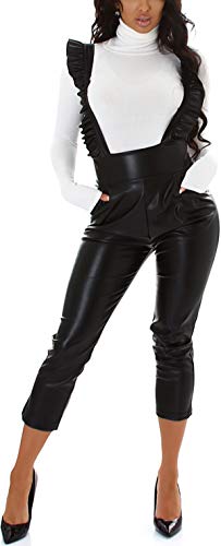 Jela London Damen Wetlook Latzhose Trägerhose Kunstleder Volant Raffung Overall Capri, S (34-36) von Jela London