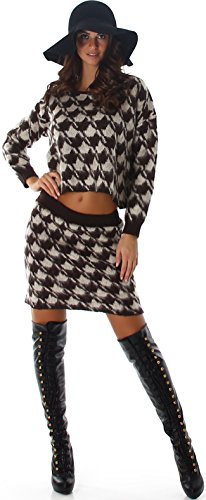 Jela London Damen Zweiteiler Crop Pullover Rock bauchfrei knielang Hahnentritt Pepita Set, Braun von Jela London