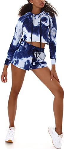Jela London Damen Zweiteiler Kapuzenpullover Cropped Longsleeve High-Waist Shorts bauchfrei Hotpants Batik Mesh, Blau Weiß 38 40 (L) von Jela London