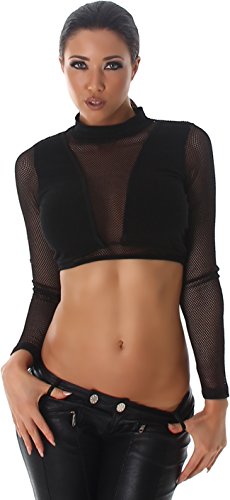 Jela London Damen Fishnet Netz-Top Crop-Top Mesh bauchfrei GoGo Swinger Party Rave Langarm Einheitsgröße, Schwarz von Jela London