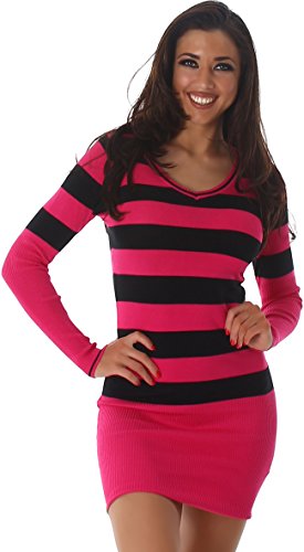 Jela London Slim-Fit Pullikleid Longpulli Pullover dünn Minikleid Feinstrick Streifen V-Ausschnitt, Pink von Jela London