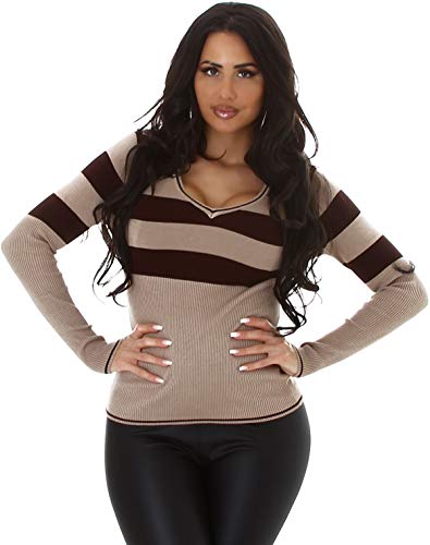 Jela London Damen Sweatshirt Pullover Streifen V-Ausschnitt Longsleeve Langarm Stretch Slim, (Kurz - Hellbraun) von Jela London