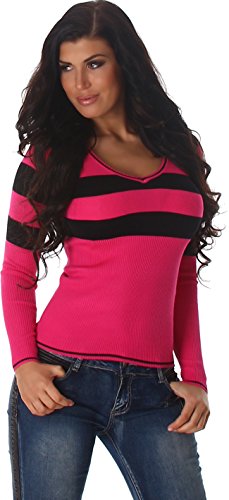 Jela London Damen Sweatshirt Pullover Streifen V-Ausschnitt Longsleeve Langarm Stretch Slim, (Kurz - Pink) von Jela London