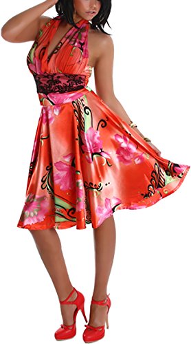 Satin-Glanz Midi-Kleid Party Cocktail Unterbrustband Spitze Neckholder Blumen, Flamingo-Rot 32-34 (S/M) von Jela London