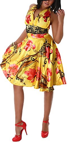 Satin-Glanz Midi-Kleid Party Cocktail Unterbrustband Spitze Neckholder Blumen, Goldgelb 34-36 (M/L) von Jela London