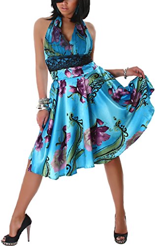 Satin-Glanz Midi-Kleid Party Cocktail Unterbrustband Spitze Neckholder Blumen, Himmelblau 32-34 (S/M) von Jela London