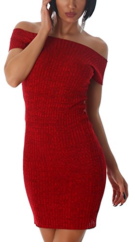 Jela London Carmen Stretchkleid Strickkleid dünn Midi Slim-Fit Streifen zweifarbig, Rot von Jela London