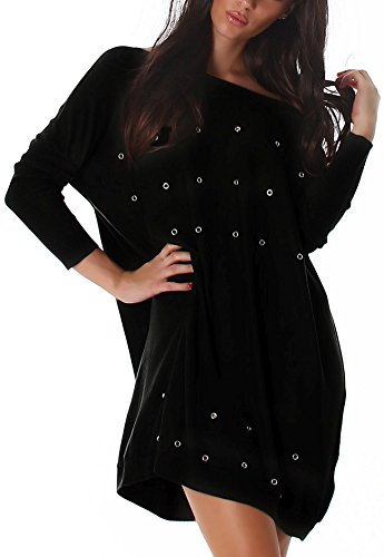 Jela London Damen Fein Strick Pullover Oversize Longpulli Lochnieten, Schwarz 36-38 von Jela London
