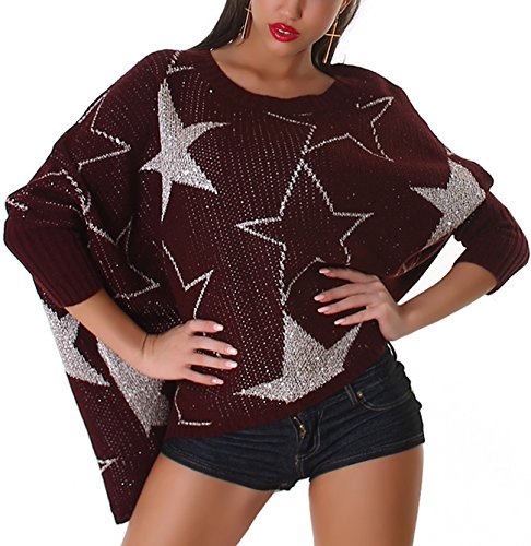 Jela London Damen Oversize Pullover Glitzer Sterne Pailletten Fledermaus Asymmetrisch, Bordeaux Silber 36-40 von Jela London