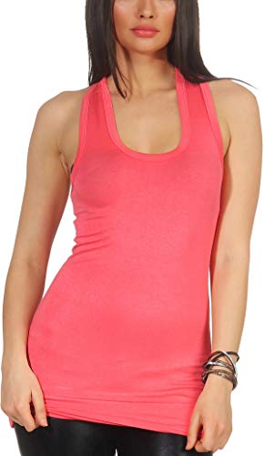 Jela London Damen Long Top Racerback Träger lang Stretch einfarbig U-Ausschnitt, Apricot Koralle 32-36 von Jela London