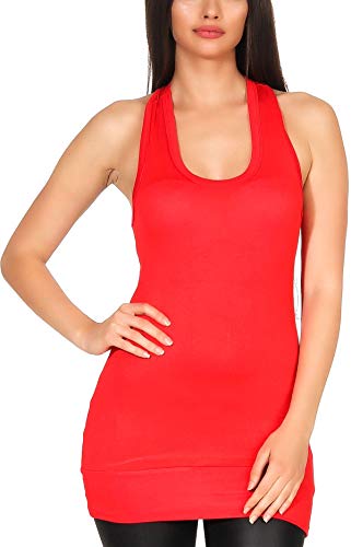 Jela London Damen Long Top Racerback Träger lang Stretch einfarbig U-Ausschnitt, Rot 32-36 von Jela London