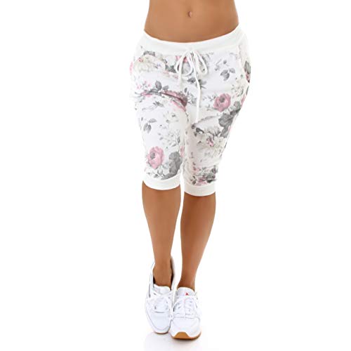 Jela Damen Capri Hose Haremshose Baggy Pants Pluderhose Pumphose Sommerhose Uni Blumen Print floral 36-40 (Weiß Blume, 36-40) von Jela