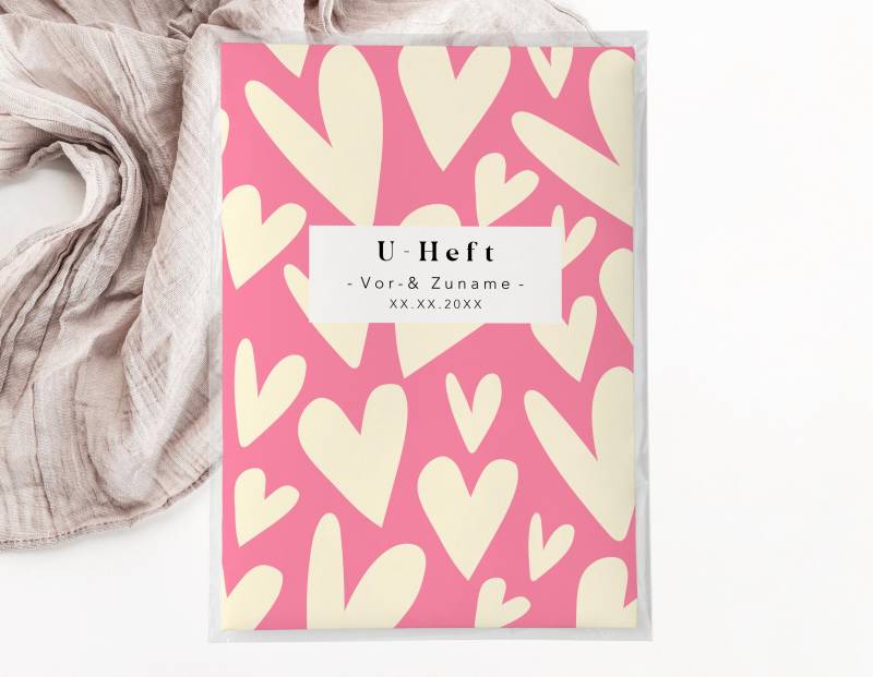 C U-Heft + Impfpasshülle - Herzen Pink Gelb Baby Newborn Geschenk Geburt Personalisiert Mit Namen Bunt Modern Mädchen Girl Babyparty von JelaaDesign