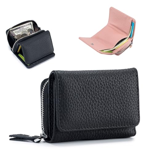 Jelaqmot Unisex Pebble Leather Wallet, Soft Compact RFID Blocking Card Holder with Zipper Coin Pocket, 6 Card Slots, Snap Closure, Small Purse for Men and Women (A-Black) von Jelaqmot