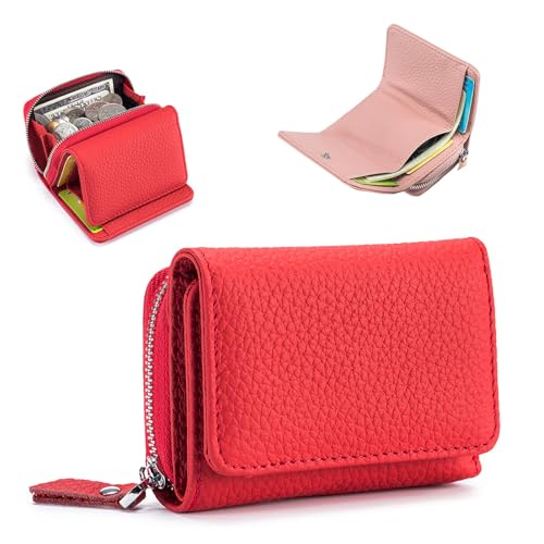 Jelaqmot Unisex Pebble Leather Wallet, Soft Compact RFID Blocking Card Holder with Zipper Coin Pocket, 6 Card Slots, Snap Closure, Small Purse for Men and Women (E-Red) von Jelaqmot