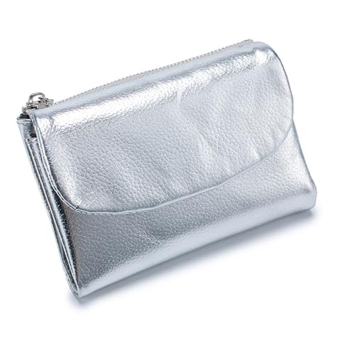 Jelaqmot Unisex Pebble Real Leather RFID Wallet – Slim Bifold Zipper Wallet with ID Windows with Coin Pockets, Card Slots & Cash Holder – Scratch Resistant, Waterproof, Travel-Friendly (F-Silver) von Jelaqmot