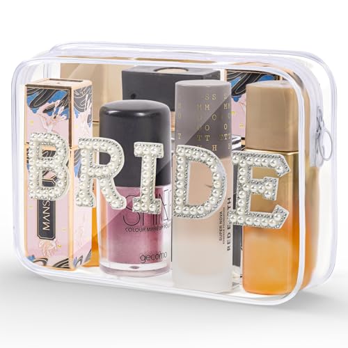 Jeletonp Bride Clear Makeup Bag Cosmetic Bag Waterproof Bride Toiletry Bag Mrs Pearl Rhinestone Patch Letter Bags Makeup Pouch Travel Case Storage Bag for Bridal Shower Wedding Bachelor Party, von Jeletonp