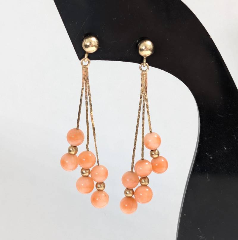 14K Solid Gold Engelshaut Koralle Wasserfall Baumeln 12 Stein Ohrringe von Jelifem