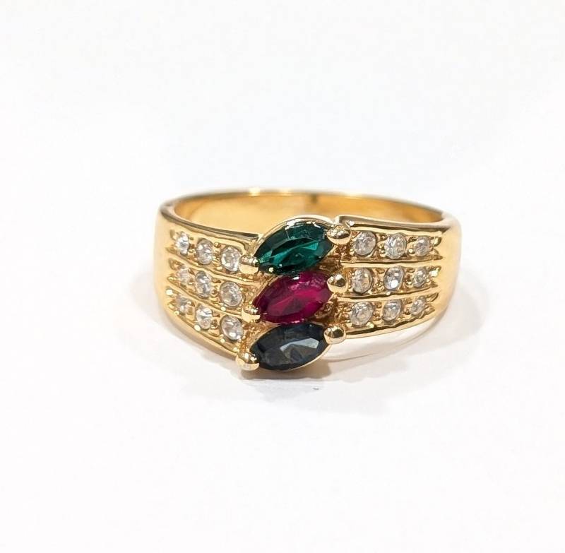 14Kt Gelbgold Über Rubin Smaragd Saphir Kristalle Ring Größe 8 Cocktail Multi Stone Dainty von Jelifem