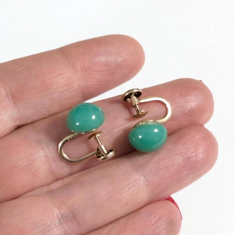 Antike Echte Chrysopras 10K Gelbgold E.l. Spencer Co. Schrauben-Ohrringe Zurück Mit Dem Stempel Chalcedon Qualitätsstein von Jelifem