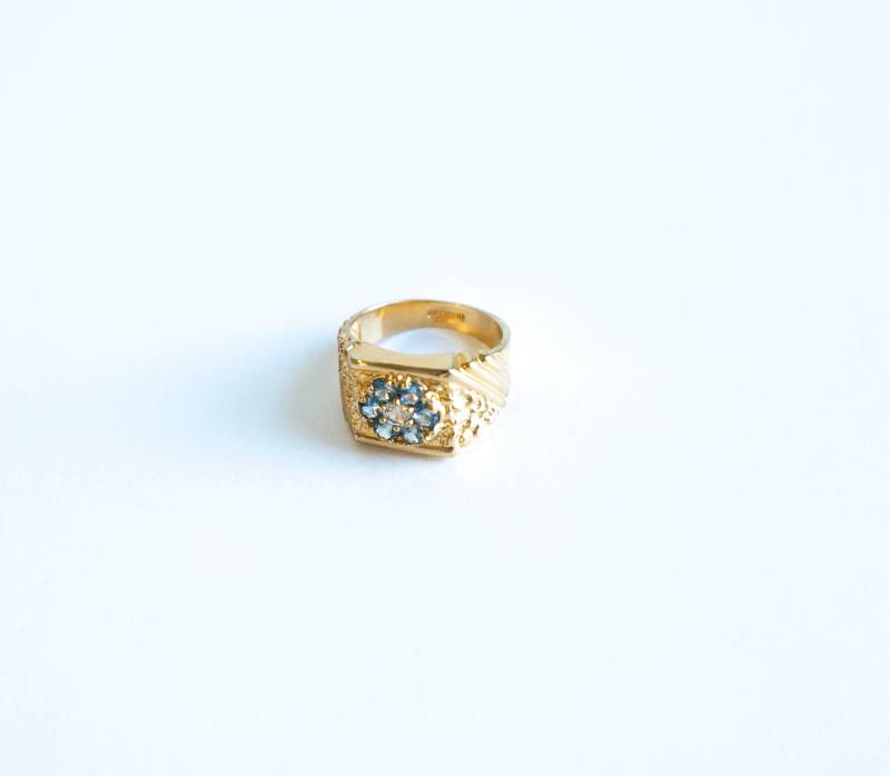 Blauer Zirkon Geburtsstein Ring Nugget 14K Gelb Vergoldet Icy Cluster Gms Legierung Hip Hop Band Größe 10 von Jelifem